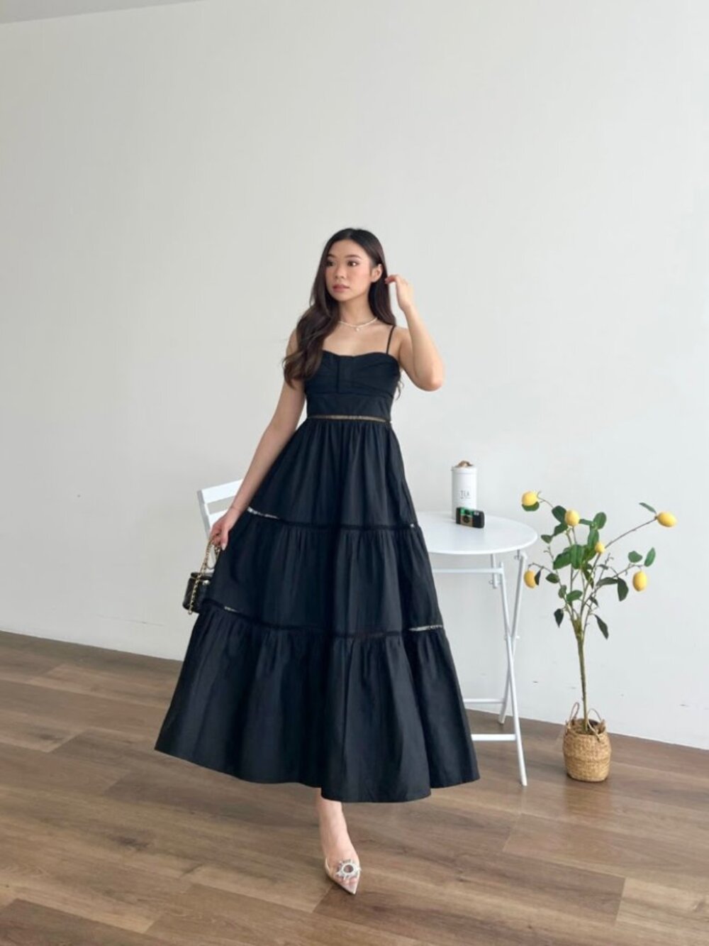 Black Cotton Tiered Maxi Sundress Adjustable Straps Size S/M